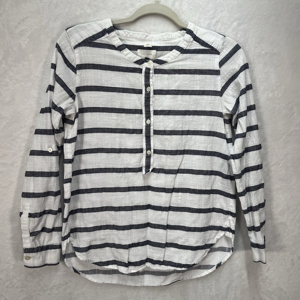 LOFT Softened Shirt Womens XS Striped Roll Tab Sleeve Coastal Summer Nautical